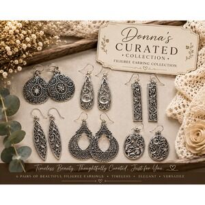 Donna's Curated 6 Pair Silver Tone Filigree Dangle Earrings Boho Jewelry Lot